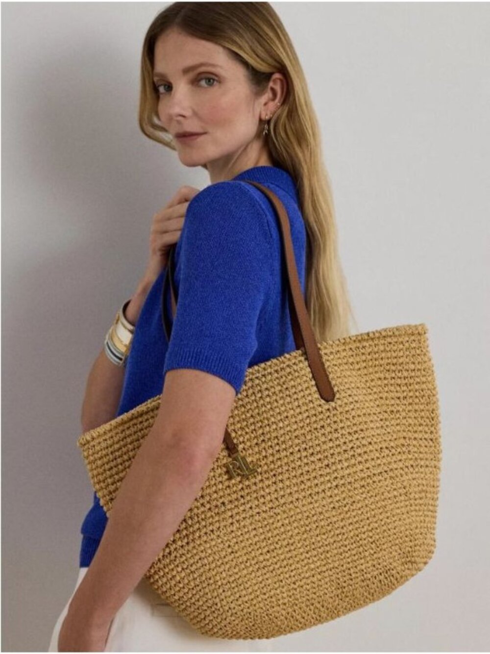NWT Lauren Ralph Lauren Lainey Crochet Straw Large Tote Bag Natural Size (Blue m